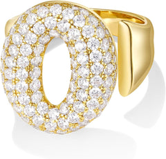 KissYan Bubble Initial Ring for Women, 14k Gold Plate Balloon Jumbo Letter Rings Open Adjustable Dainty Pave CZ Personalized Fashion Trendy Statement Jewelry Gift