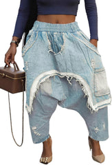 Women's Harem Denim Pants Elastic Waist Loose Cropped Cargo Barrel Jeans Casual Patchwork Ripped Trousers Pockets