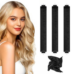 Heatless Curlers, Heatless Curls Overnight Set for Women, Soft Hair Curlers to Sleep In, Jumbo No Heat Hair Curlers Set with Headscarf and Hook for Long Hair (Black, 4 Packs)