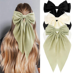 Velscrun Hair Bows for Women Girls 3Pcs White Pink Black Silky Satin Large Bows Hair Clip Oversized Hair Ribbons Long Tail Big Hair Bows Accessories