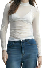 Womens Mesh Floral Long Sleeve Tops Lace Undershirt Mock Neck Going Out Sheer Blouses 2025 Trendy