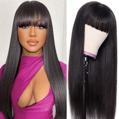 ROSELINE Body Wave Wigs with Bangs Human Hair Wigs for Black Women None Lace Front Wigs 150% Density Brazilian Virgin Hair Glueless Wig Natural Color 20inch