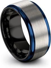Tungsten Carbide Wedding Band Ring 10mm 8mm 6mm for Men Women Blue Black Interior with Step Flat Edge Brushed Polished Personalized Custom Engraving Anniversary Engagement