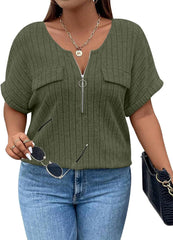 Viracy Plus Size Top for Women Short Sleeve Blouses Zip-up V Neck Top Womens Fashion 2025 Trendy Casual Work Shirt 1X-5X
