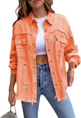 MBMSHEGH Women's Ripped Distressed Denim Jacket Long Sleeve Button Down Boyfriend Jean Coat Trucker Jacket