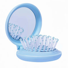 Travel Hairbrush and Mirror Set for Women, Folding Brush with Compact Mirror for Purse or Backpack, Cute Baby Blue Gift