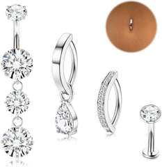 LOLIAS Gold Belly Button Ring - 14G Surgical Stainless Steel Belly Rings Hypoallergenic Clicker Belly Button Piercings for Women CZ Dangle Belly Button Rings Navel Piercing Pack Silver/Gold