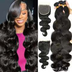 18 20 22 Inch Body Wave Bundles with Closure (16 Inch 5x5 HD Lace Closure) Human Hair Brazilian 3 Bundles with Closure Unprocessed Virgin Human Hair Free Part