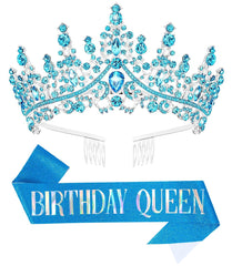 Birthday Tiara Crown with Sash for Women, Headband Hair Accessories for Wedding Party Costume