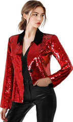 Women's Sequin Jackets Long Sleeves Single Button Casual Sparkly Coat with Pocket