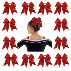 Oaoleer 12PCS 7" Large Glitter Cheer Hair Bows Ponytail Holder Elastic Band Handmade for Cheerleading Teen Girls College Sports (Sequin Hot Pink 12PCS)