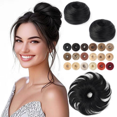 Fullart Messy Bun Hair Piece 100% Real Human Hair #1 Jet Black 1 Count Wavy Tousled Smooth Stretchy Fluffy Donut Updo Elastic Rubber Band Human Hair Bun Extension Chignons Scrunchies
