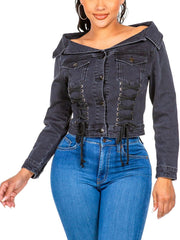 Women's Casual Denim Jacket Chic Off-Shoulder Lace-Up Outerwear Top Black Long Sleeves Front Button Closure Corset