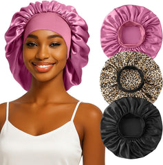 3PCS Silk Sleep Bonnet for Women, Large Satin Hair Caps with Elastic Band for Curly Hair and Frizz Control