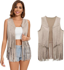 Women's Fringe Vest 60s 70s Hippie Vest Sleeveless Cowgirl Western Faux Suede Tassel Leather Jacket Hippie Party