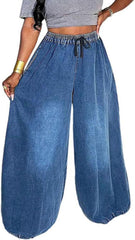 SEMATOMALA Women's Wide Leg Baggy Jeans Drawstring Elastic Waist Plus Size Palazzo Denim Pants