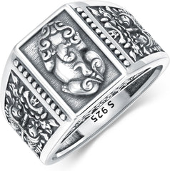 Feng Shui Pixiu Mantra Sterling Silver Attracting Wealth Amulet Lucky Protection Wealth Buddhist Jewelry Feng Shui Ring for Men & Women