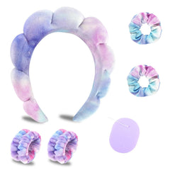 CAVETEE Makeup Headband with Wristband Scrunchies and Soft Compressed Facial Sponges for Women and Girls - Blue Puffy Spa Headband for Washing Face