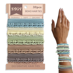 10 Boho Bracelets, Braided & Stretch Hair Ties for Thick/Thin Hair, 5 Styles, Light Coffee Colors - No Damage Ponytail Holders