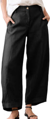 Huaqiao Womens Linen Palazzo Pants Elastic Waist Button Down Casual Wide Leg Trousers with Pockets