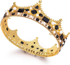 FORSEVEN King Crown for Men Crystal Pearl Wedding Tiaras Birthday Party Round Crowns