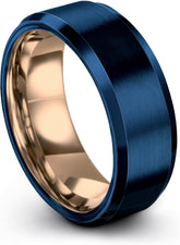 Tungsten Carbide Wedding Band Ring 8mm for Men Women 18K Rose Gold Blue Grey Exterior Bevel Edge Brushed Polished Personalized Custom Engraving Anniversary Engagement