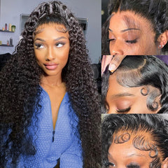 16 Inch 13x6 Deep Wave Lace Front Wigs Human Hair Pre Plucked HD Lace Brazilian Virgin Short Curly Human Hair Wig Glueless Frontal Wigs for Women 180 Density Natural Black Deep Wave Wig