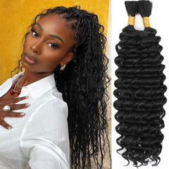Human Braiding Hair Mix Synthetic Boho Hair for Braiding, 20 Inch Deep Wave Bulk for Boho Braids 2 Pcs Curly Bohemian Wet and Wavy Braiding Hair(1B, 20 Inch)