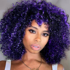 YEAME Curly Wigs for Black Women - Afro Curly Wig with Bangs, Natural Black, Heat Resistant, 15" Full Wig, 150% Density, Glueless, 1 Count