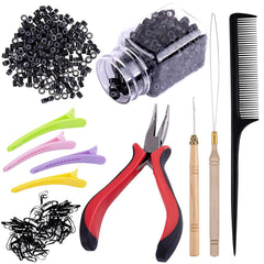 Duufin Hair Extensions Kit 500 Pcs Brown Micro Ring Beads 1 Micro Beads Plier 2 Hook Needle Pulling Loop 4 Plastic Alligator Hair Clips 1 Comb and 2 Bags Black Mini Rubber Hair Elastic