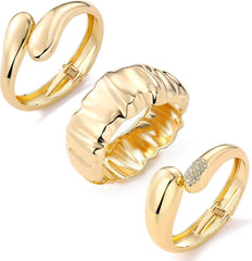 IFKM 3pcs Chunky Gold Bangle Bracelet For Women 14k Gold Plated Trendy Wide Hinged Cuff Open Bracelet Dainty Minimalist Jewelry Gifts