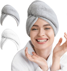 2 Pack Microfiber Hair Towel Wrap for Women Super Absorbent Quick Dry Hair Turban for Drying Curly, Long & Thick Hair 10 inch X 26 inch Lightgrey+Lightgrey