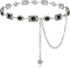 Women Western Concho Chain Belt Vintage Rhinestone Gems Boho Metal Waist Chain Jeans Dress Daily Concert Halloween