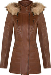 Women's Leather Parka Jacket Quilted Detachable Hooded Trench Coat