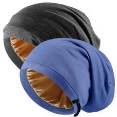 2 Pcs Adjustable Silk Satin Night Cap, Women's Men's Sleep Cap, Silk Lined Slouchy with Adjustable Strap, Curly Hair Head Scarf, Night Caps, Black+blue2