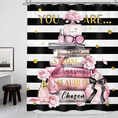 Riyidecor 4PCs Fashion Shower Curtain Bathroom Set with Non-Slip Rugs Toilet Lid Cover and Bath Mat Black White Stripe Pink Modern Book Waterproof 12 Pack Hooks 72x72 inch Women Shower Curtain Decor