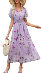 ANRABESS Womens Summer Floral Maxi Dress Casual V Neck Short Sleeve Chiffon Boho Flowy Beach 2025 Wedding Guest Long Dresses