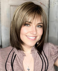 RENERSHOW Short Wigs for White Women Layered Brown Ombre Blonde Pixie Wig Synthetic Short Hair Wig with Bangs Mix Color Natural Looking Daily Party
