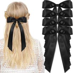 vivinin 4pcs Solid Silky Satin Hair Accessories: Bows with Long Tails, Daily Wear Clips for Women and Girls, White and Black Gifts