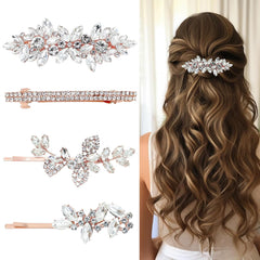 4 Pieces Rhinestone Hair Clips Leaf Wedding Hair Pins Crystal Bobby Pins Silver Bridal Hairpin Barrette for Brides Bridesmaids Flower Girls