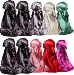 ForceWave 10 Pieces Silky Durags Long Tail for Women Men Satin Durag 360 Wave,Dorag, 10 Pieces