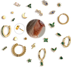 KRFY 25Pcs Hypoallergenic Surgical Steel Earrings for Sensitive Ears 14K Gold Plated Flat Back Cartilage Earrings for Women Men Screw Back Flatback Stud Hoop Earring Set for Multiple Piercing