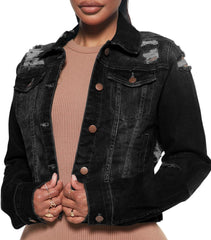 BessCops Denim Jacket for Women Spring Long Sleeve Classic Distressed Butterfly Jean Trucker Jackets