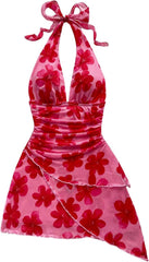 SOLY HUX Women's Sexy Tie Dye Print Halter V Neck Mini Dress Retro Backless Fitted Bodycon Dresses