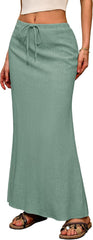 ELLEVEN Linen Flared Maxi Skirt with Back Slit - Elastic Waist Drawstring Long Flowy Ankle-Length Skirt