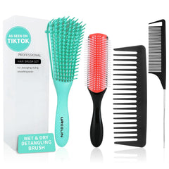 Detangler Brush Set for 3a,4c,Wig/Thick/Wavy/Curly/Wet Slick Back Hair Brushes,Rat Tail Combs,8-Row,Edge Brush,For braiding,teasing,parting,styling,kids,girls,women(Pink)