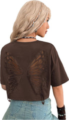 Verdusa Women's Butterfly Mesh Fairy T Shirts Drop Shoulder Goth Crop Tops