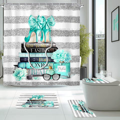 Riyidecor 4PCs Fashion Shower Curtain Bathroom Set with Non-Slip Rugs Toilet Lid Cover and Bath Mat Black White Stripe Pink Modern Book Waterproof 12 Pack Hooks 72x72 inch Women Shower Curtain Decor