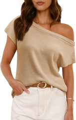 Saodimallsu Womens Off One Shoulder Sweater Tops Summer Short Sleeve Casual Loose Knit Trendy Going Out Tops