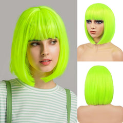 BATISI Hot Pink Bob Wig for Women Short Bob Wigs Straight Flat Bangs Synthetic Colorful Costume Cosplay Daily Party Neon Wig 12 Inch